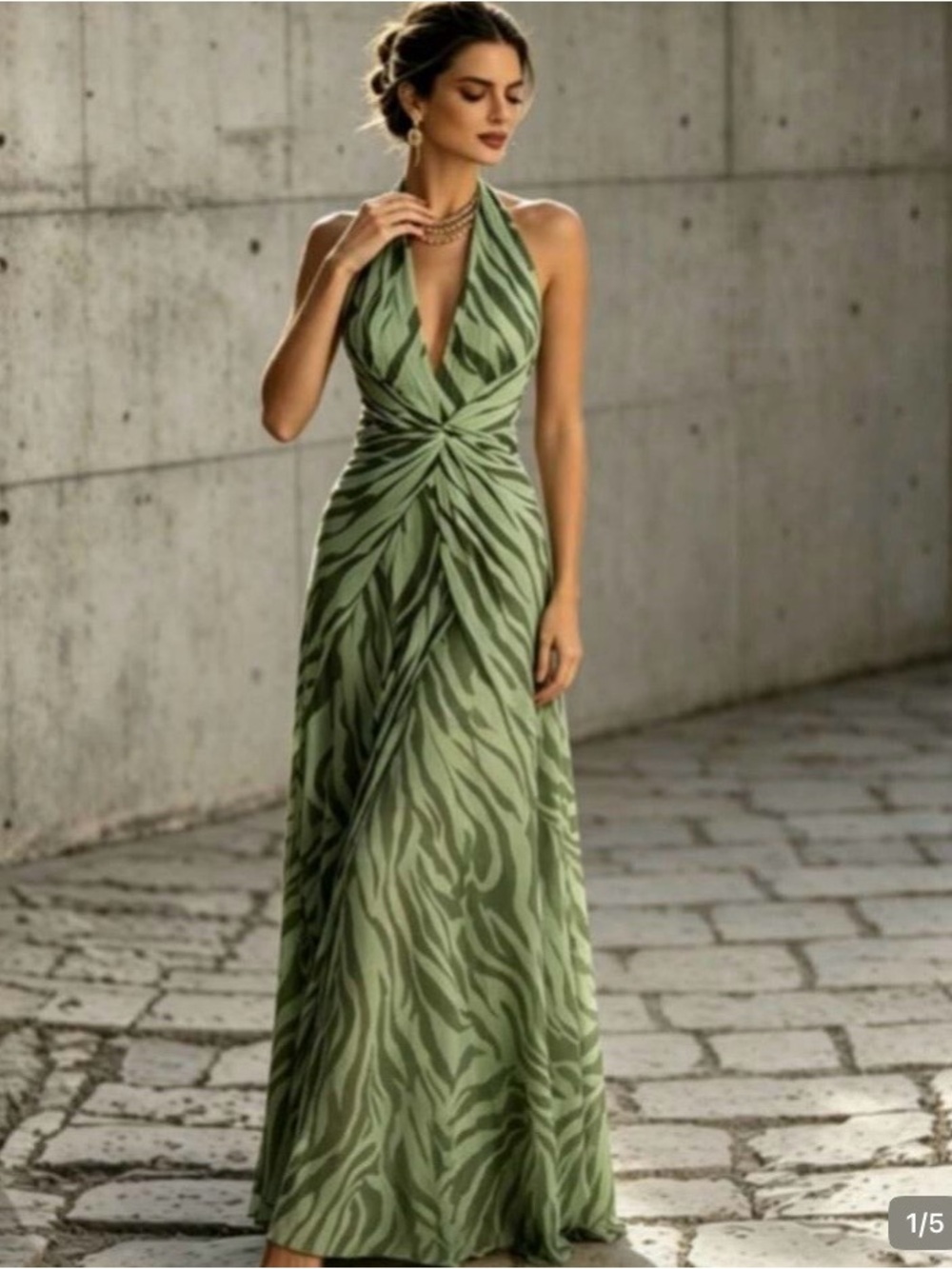 SHEIN Olive Green Zebra Print Halter Maxi Dress Size S NWT
